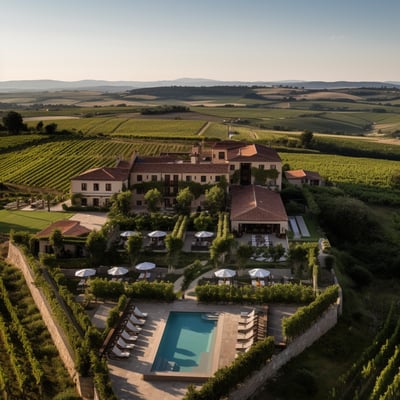Aerial view of estate with vineyards and pool.