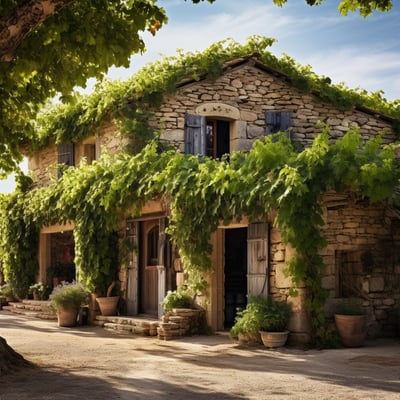 An ancient stone house covered in vines, showcasing a rustic charm and timeless beauty.