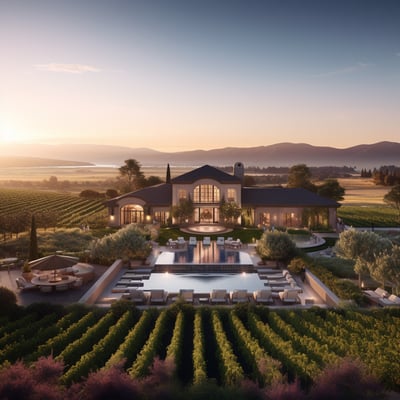 A picturesque vineyard estate bathed in warm hues of sunset, showcasing lush vines and a tranquil atmosphere.