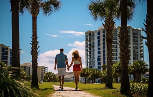 A fire pit in front of a house with chairs and palm trees, perfect for cozy outdoor gatherings.