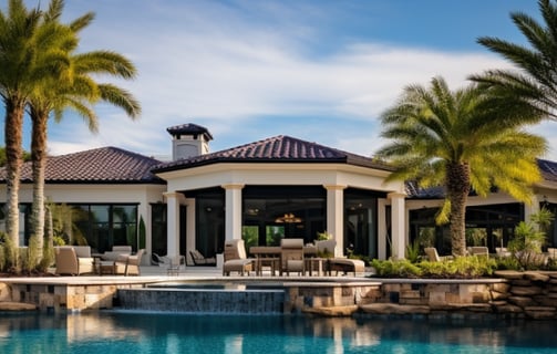 A family enjoying a swim in a resort pool on a sunny day.