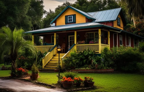 A fire pit in front of a house with chairs and palm trees, perfect for cozy outdoor gatherings.