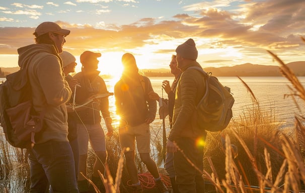 Group of friends enjoying a successful Taupo fishing trip, showcasing their catch by the lake at sunset, highlighting camarad Group of friends enjoying a successful Taupo fishing trip, showcasing their catch by the lake at sunset, highlighting camarad