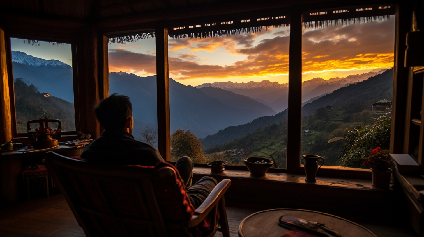 A man sitting on a sofa admiring view A man sitting on a sofa admiring view