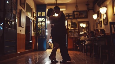 A couple in tango costume learning dance lessons in an Argentinian studio.