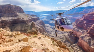 Tourists on a helicopter tour above the scenic Grand Canyon in USA.