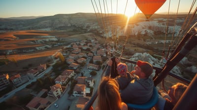 Tourists aboard a hot air balloon and looking over houses in Cappadocia, Turkey at dusk.