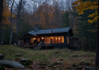 The establishing shot of a cabin in the middle of the woods in Canada at dusk.