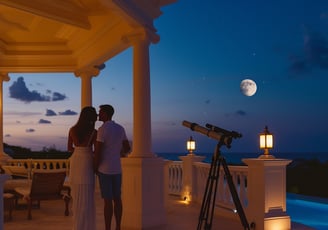 A couple looking at a professional telescope while on a balcony of a luxury villa at night.