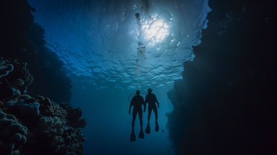 A couple nightdiving underwater in the Maldives.