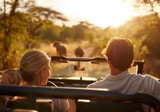 A couple taking a private safari on a jeep with guides in South Africa..