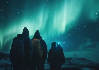 A group of tourists looking up the night sky of the northern lights in Iceland.
