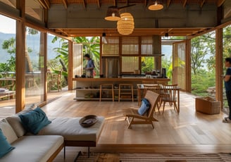 Sustainable home in Asia with guests casually checking amenities. 