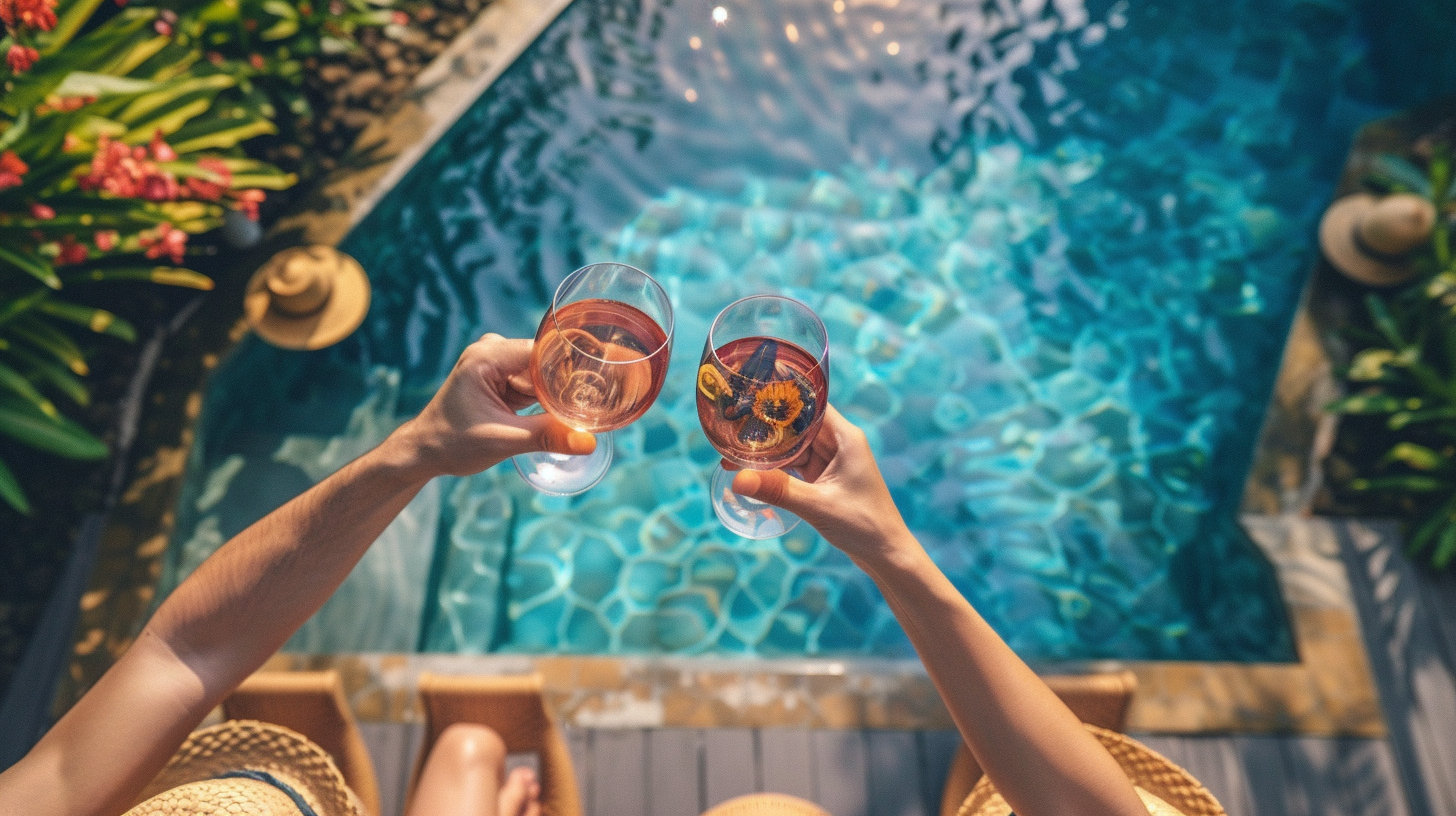 Two people clinking wine glasses poolside. Two people clinking wine glasses poolside.