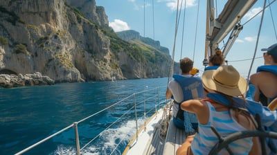 a group of tourists on a yacht sailing the waters of Amalfi coast, in Italy. a group of tourists on a yacht sailing the waters of Amalfi coast, in Italy.