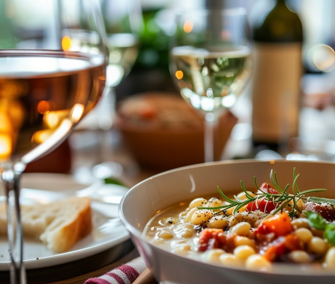 A plate of Italian Ribollita and fine wine served on a table.