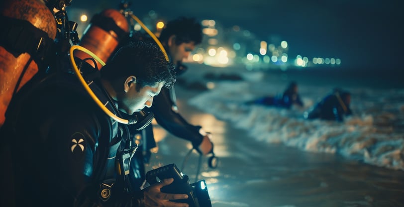 a team of scuba divers checking their equipment on the beach at night. a team of scuba divers checking their equipment on the beach at night.