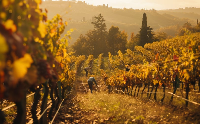 a vineyard in Tuscany, Italy with workers harvesting grapes in the drizzly afternoon.
