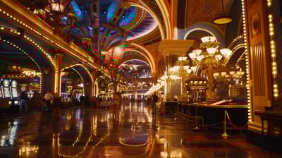 establishing shot of a casino hallway in Las Vegas.