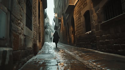 establishing shot of the Gothic Quarter in Barcelona, Spain.