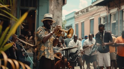 jazz musicians playing in a small New Orleans stage with a shot of the crowd.