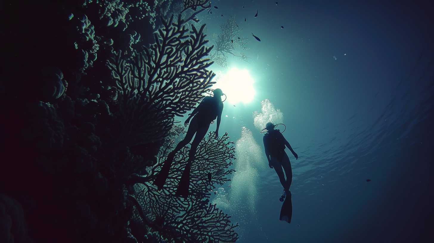 Two scuba divers exploring vibrant coral reefs in crystal clear waters. Two scuba divers exploring vibrant coral reefs in crystal clear waters.