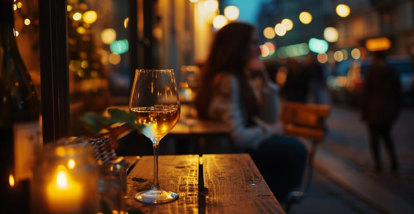 A glass of wine on a table in front of a woman sitting in a cozy living room