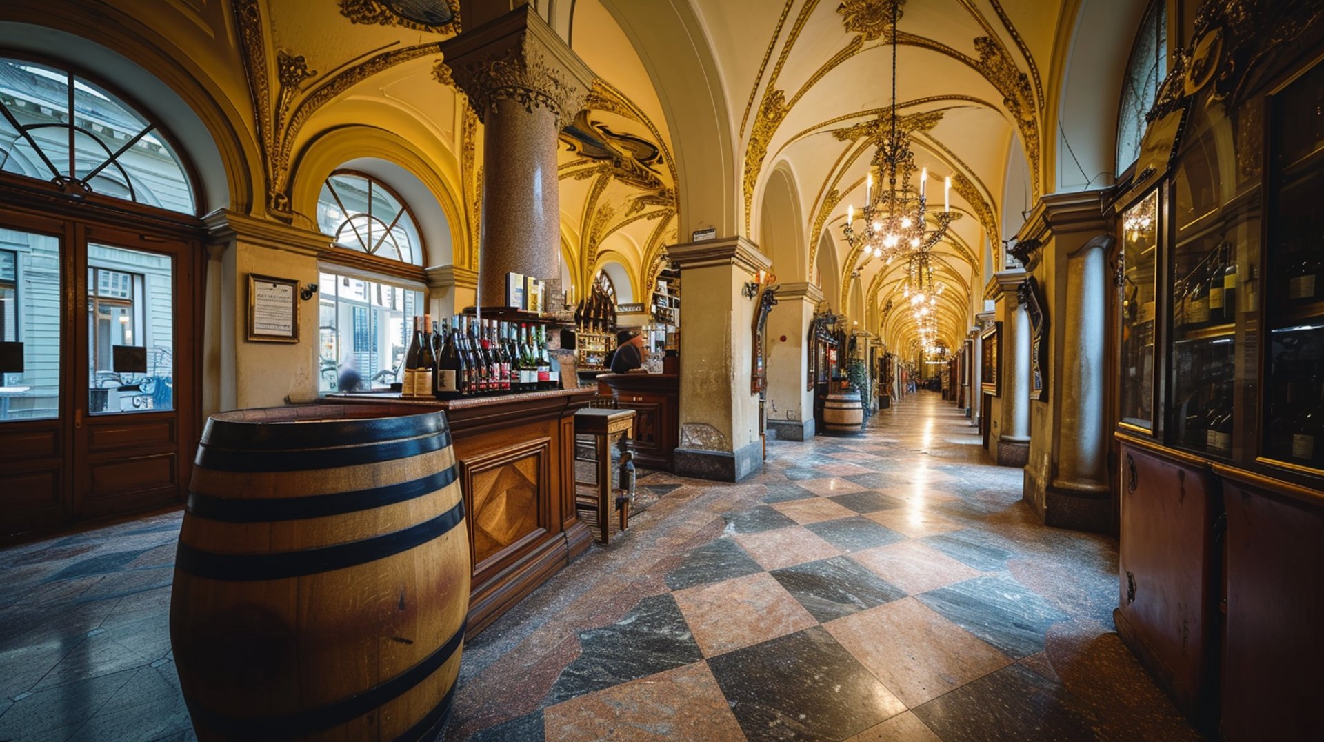  A wine barrel placed in the center of a lengthy hallway, creating a unique focal point