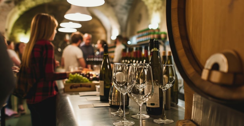 People sampling wine in a dimly lit wine cellar