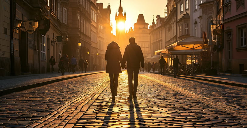 A couple strolling down a city street at sunset