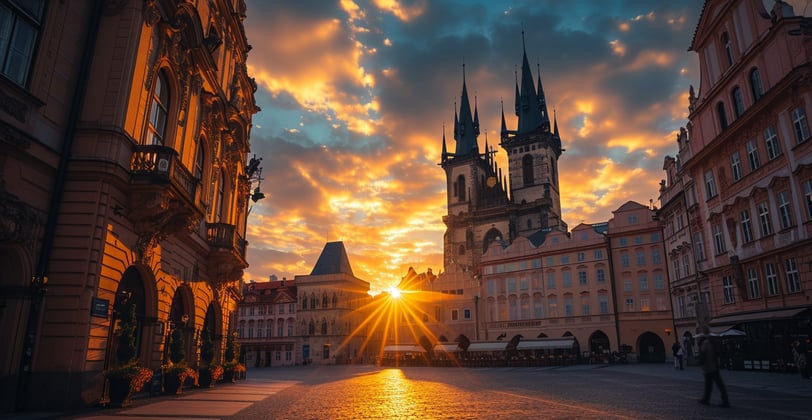 The sun sets over the historic town square in Prague