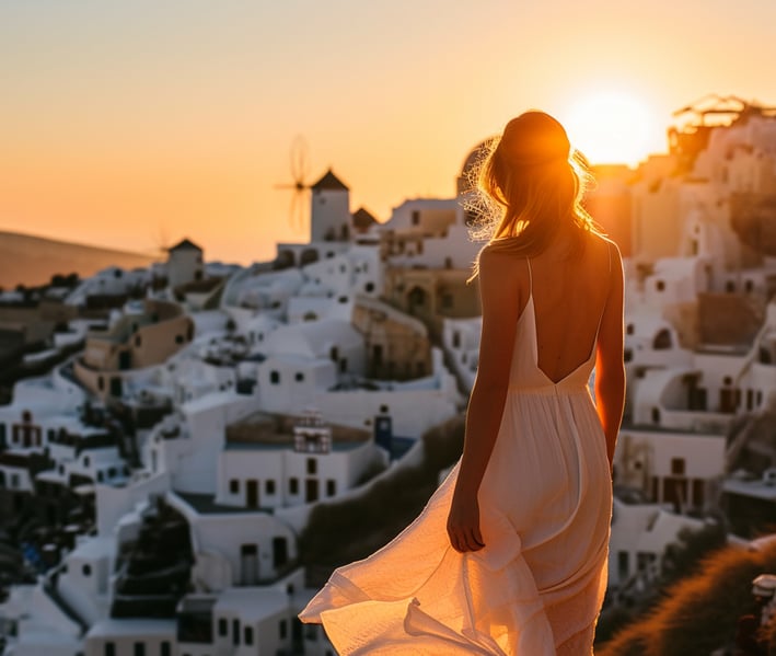 A woman in a white dress walking on a hill at sunset, showcasing the beauty of nature and tranquility