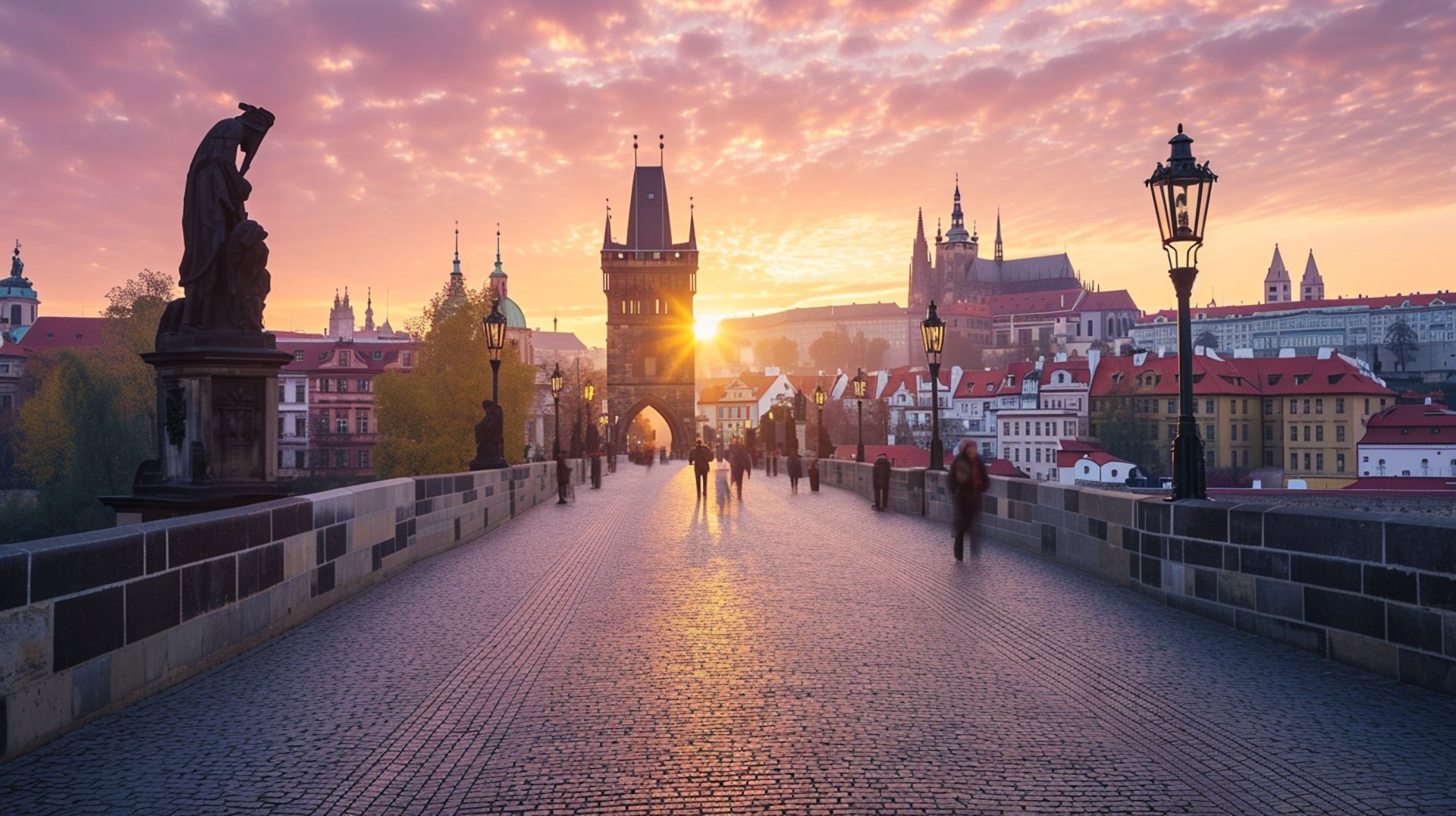 Sunset over Charles Bridge in Prague