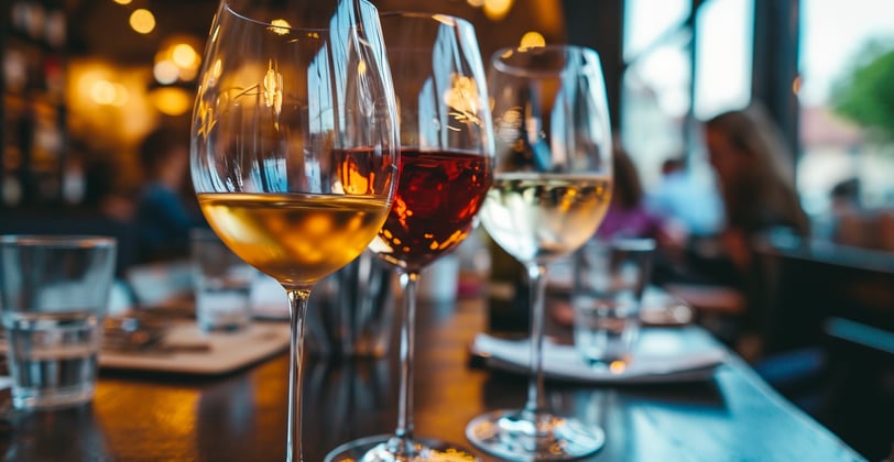  Three elegant glasses of wine arranged on a table in a sophisticated restaurant setting, inviting a delightful dining experience
