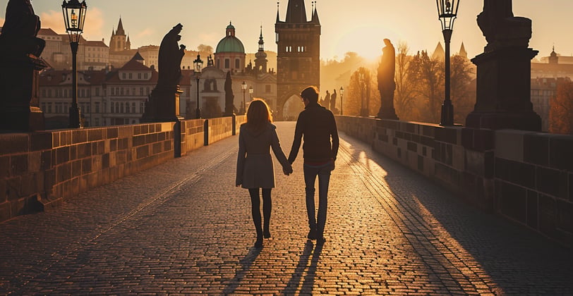 Couple holding hands on Charles Bridge in Prague, Czech Republic