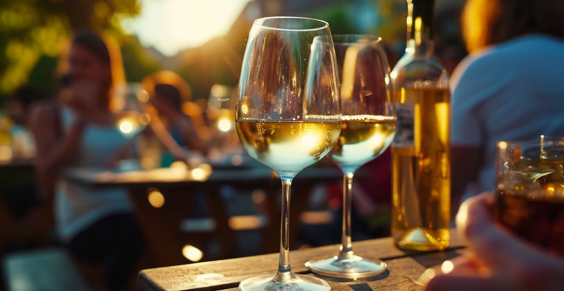 Two glasses of white wine on a table with people in the background