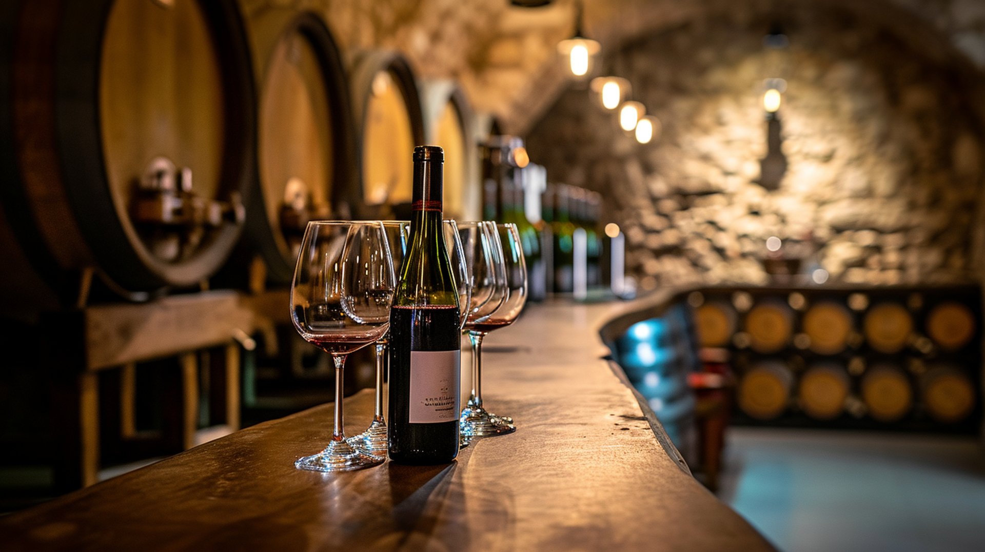  A wine bottle and two elegant wine glasses are placed on a polished bar surface, inviting a moment of relaxation