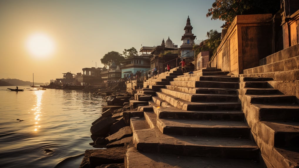 a scenic ghat with steps leading to a wharf in old delhi, india