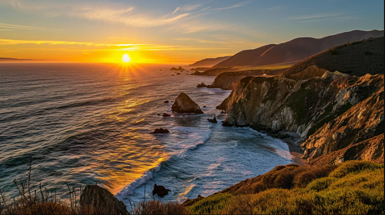 a sunset over a cliff overlooking the ocean