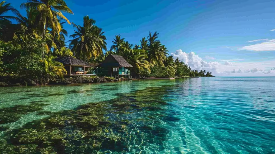 a tropical island with palm trees and a hut with a hut