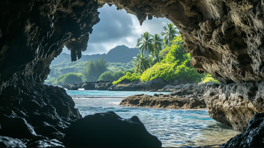 a cave with a view of the ocean