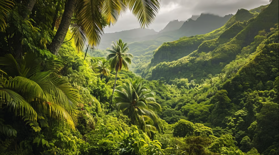 a lush green jungle with palm trees and mountains in the background