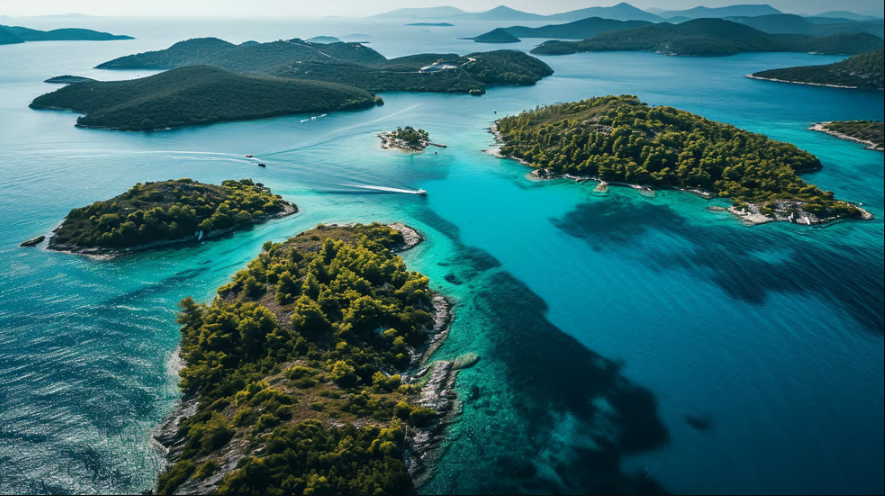 a boat is sailing in the ocean near a small island