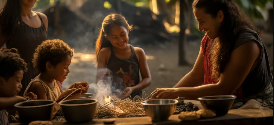 a woman cooking food in a pot on a table