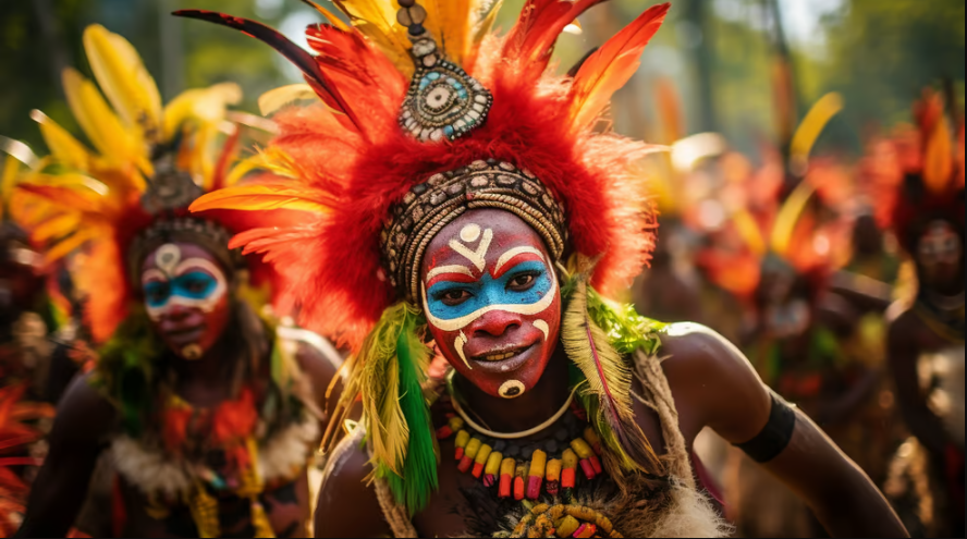 a man with a painted face and a colorful head dress and costume