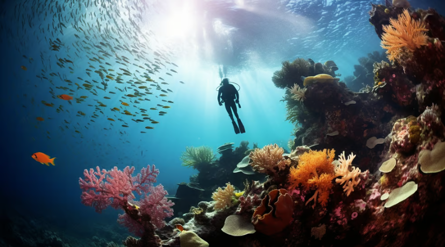 a person standing in the water with a scuba diver