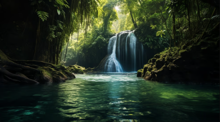 a waterfall in the middle of a jungle