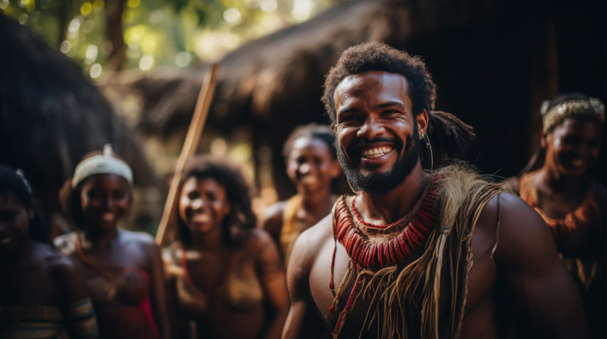 a man with a beard and a beard, smiling and wearing a native american indian