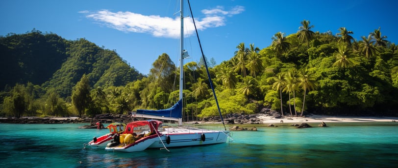 a sailboat docked near the shore of a rocky coastline