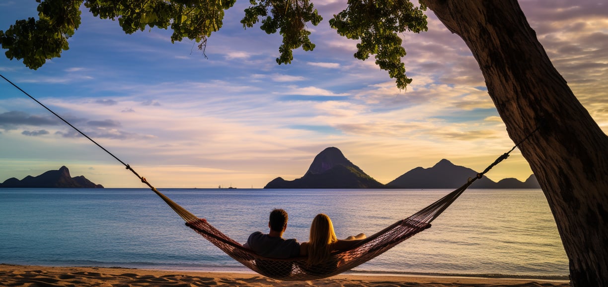 a couple sitting in a hammock on the beach